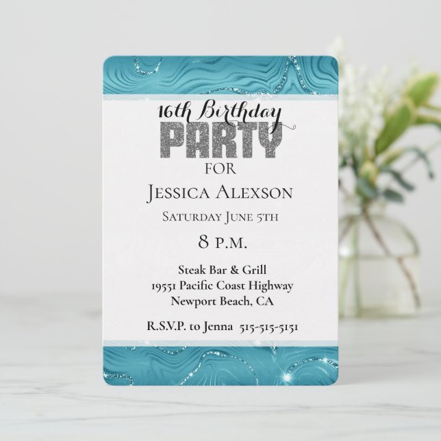 Invitación Cumpleaños del Purpurina Glitzy Aqua Blue Turquois (Anverso de pie)