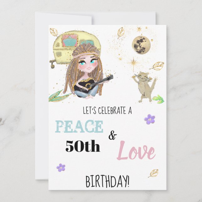 Invitación * Cumpleaños del Purpurina Hippie Peace & Love Cam (Anverso)
