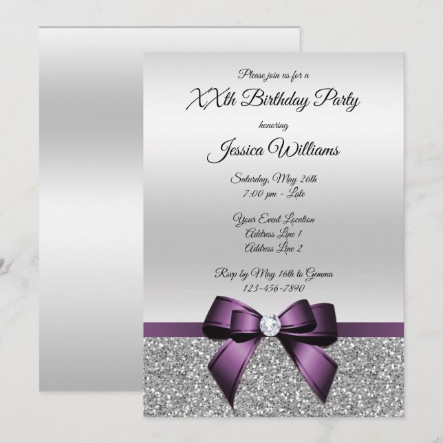 Invitación Cumpleaños del Purpurina  Morado y Plateado de Bon (Anverso / Reverso)