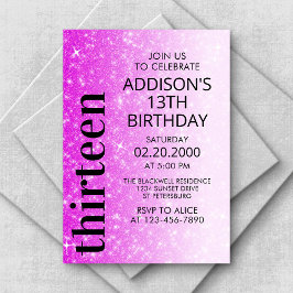 Invitación Cumpleaños del Purpurina negro rosado