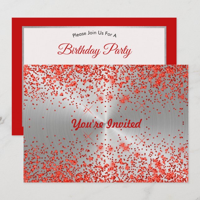 Invitación Cumpleaños del Purpurina rojo plateado metálico de (Anverso / Reverso)