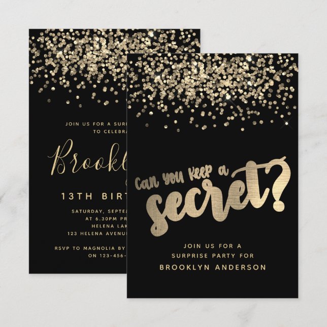 Invitación Cumpleaños del Purpurina Surprise Black Gold (Anverso / Reverso)