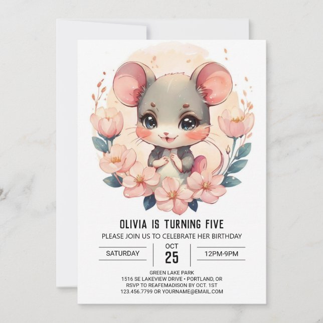 Invitación Cumpleaños del ratón imprimible de roedor (Anverso)