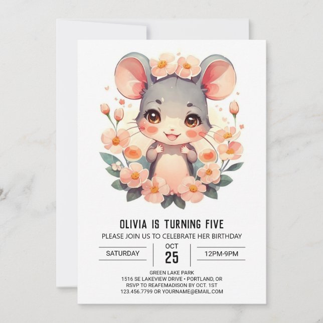 Invitación Cumpleaños del ratón rosado Pastel (Anverso)