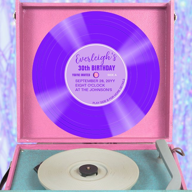 Invitación Cumpleaños del registro único de vinilo púrpura (Purple color vinyl record pop birthday invitation with purple label)