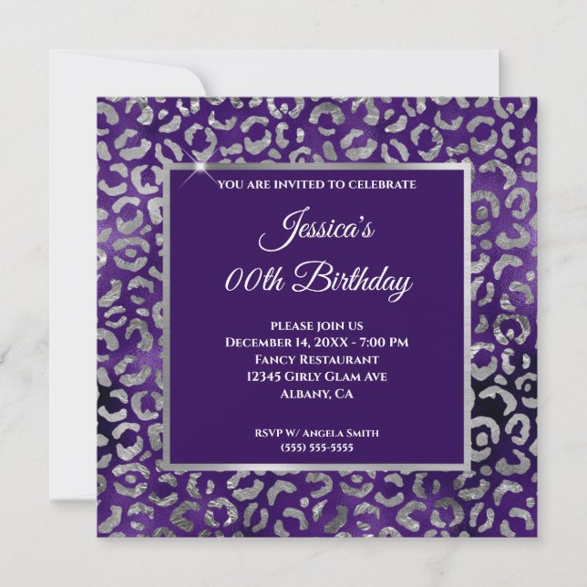 Invitación Cumpleaños del Relieve metalizado Indigo Purple y  (Anverso)