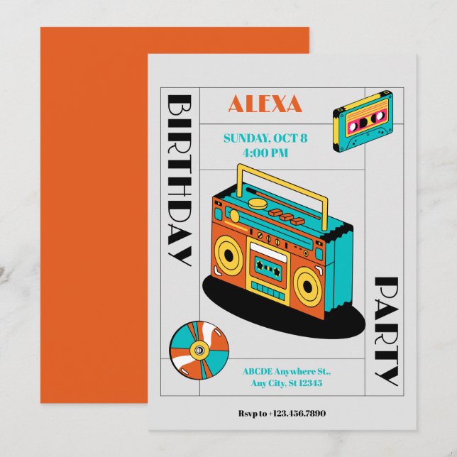 Invitación cumpleaños del reproductor de música retro (Anverso / Reverso)