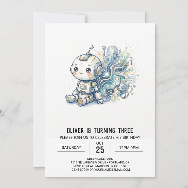 Invitación Cumpleaños del Robot Azul Plateado (Anverso)