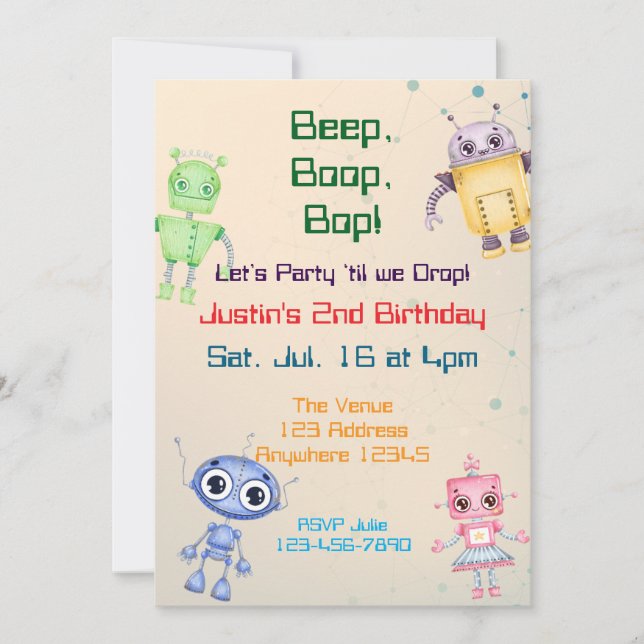 Invitación Cumpleaños del Robot Beep Boop Bop (Anverso)
