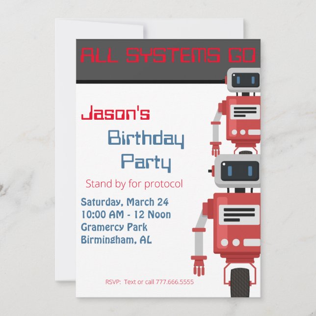 Invitación Cumpleaños del Robot con Todos los Sistemas Funcio (Anverso)