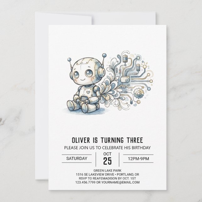 Invitación Cumpleaños del Robot de Circuito Gris (Anverso)