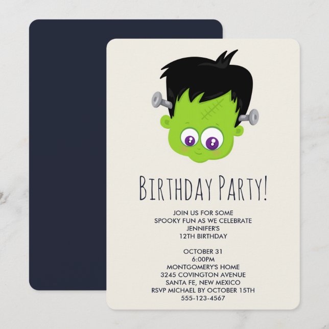 Invitación Cumpleaños del rostro del monstruo de Frankenstein (Anverso / Reverso)