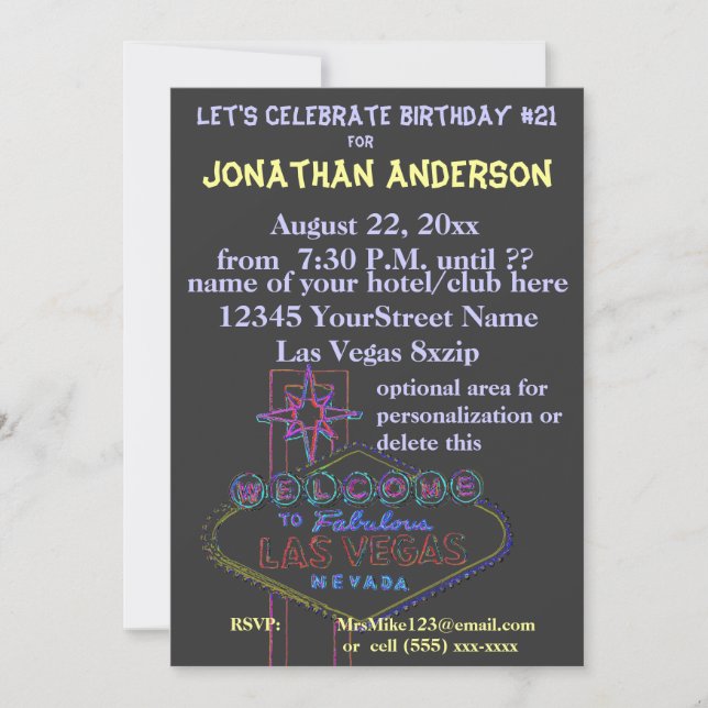 Invitación Cumpleaños del Rótulo de la tira de Las Vegas 21ro (Anverso)