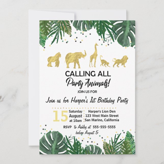 Invitación Cumpleaños del safari de los juerguistas o (Anverso)