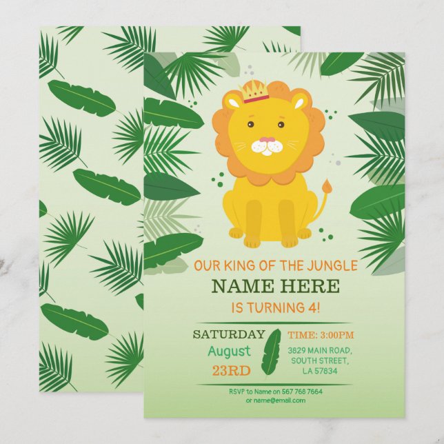 Invitación Cumpleaños del safari de rey Jungle Lion Birthday (Anverso / Reverso)