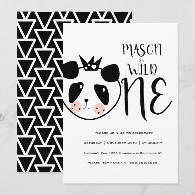 Invitación Cumpleaños del Salvaje Uno Panda Lindo Moderno y A (Anverso / Reverso)