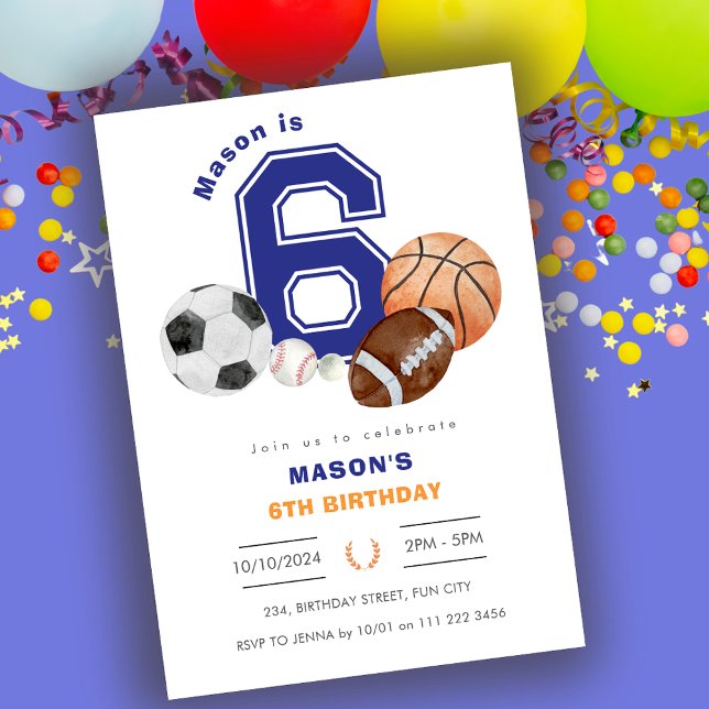 Invitación Cumpleaños del Sexto Niño Atleta (Sports 6th Boy Athlete Birthday Invitation)