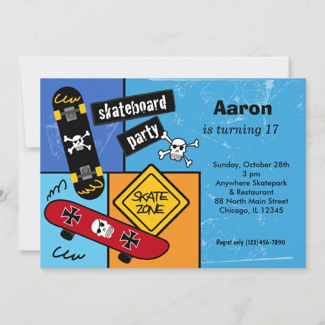 Invitación Cumpleaños del Skateboarding (Azul claro) (Anverso)