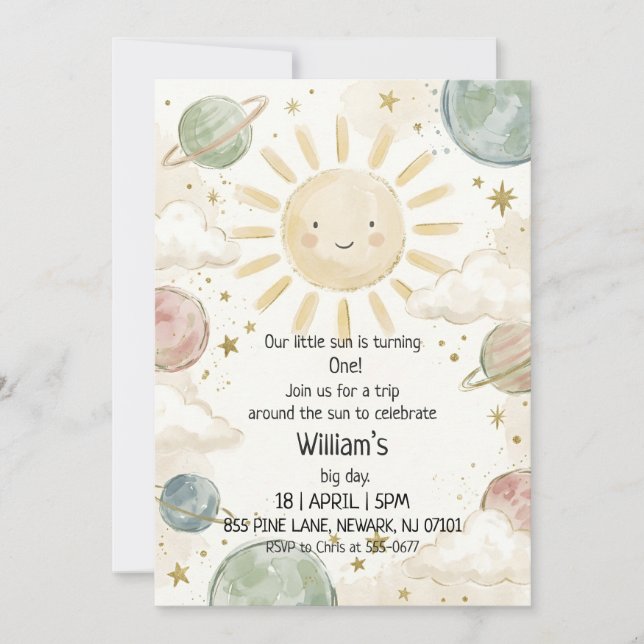 Invitación Cumpleaños del Sol Celestial Acuarela Pastel Adora (Anverso)