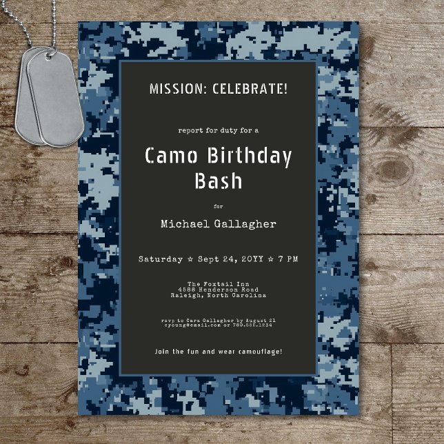 Invitación Cumpleaños del soldado militar Blue Camouflage (Military Soldier Blue Camouflage Birthday Invitation)