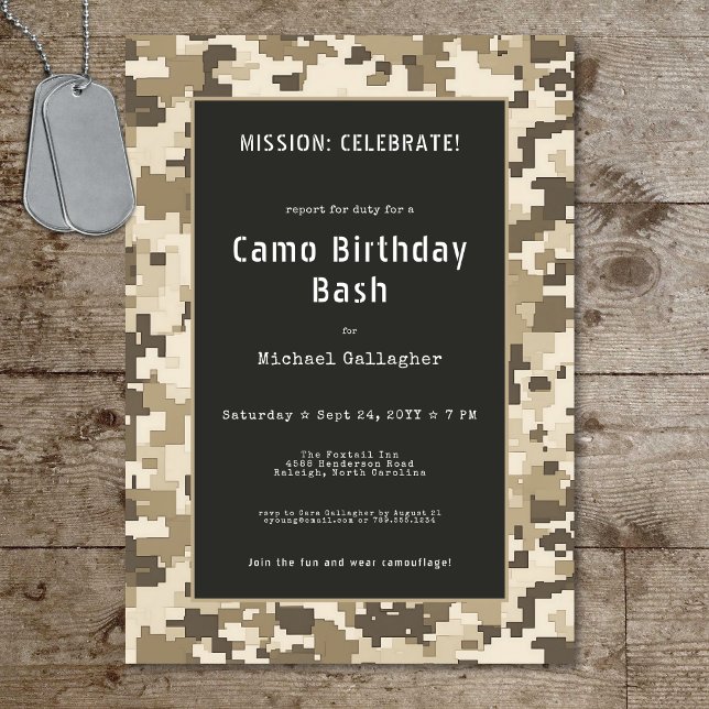 Invitación Cumpleaños del soldado militar Sand Digital Camouf (Military Soldier Sand Digital Camouflage Birthday Invitation)