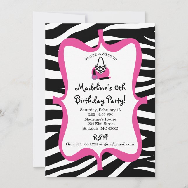 Invitación Cumpleaños del spa Pink Zebra Print Diva (Anverso)