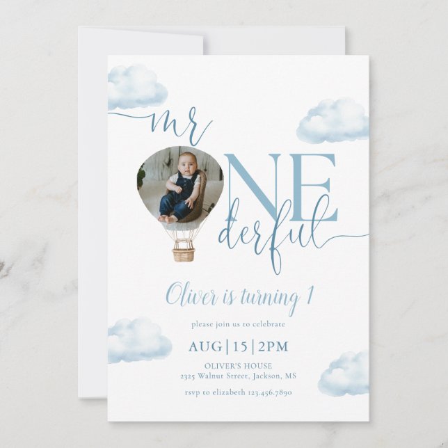 Invitación Cumpleaños del Sr. Onederful en globo aerostático (Anverso)