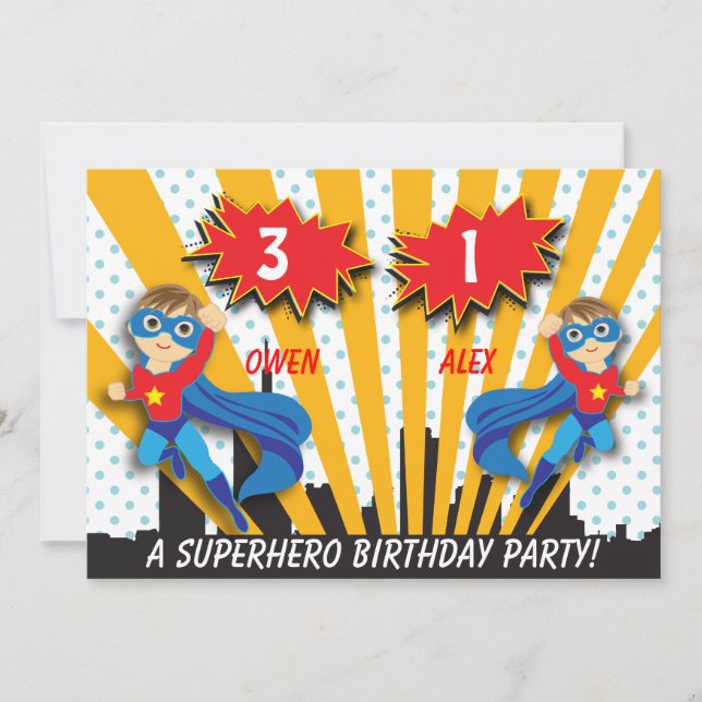 Invitación Cumpleaños del super héroe de los muchachos (Anverso)