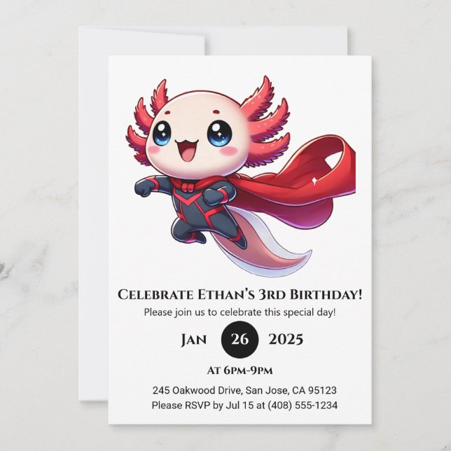 Invitación Cumpleaños del superhéroe Axolotl (Anverso)
