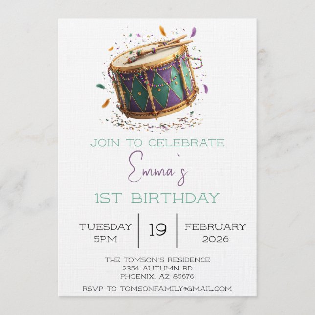 Invitación Cumpleaños del Tambor Festivo de Mardi Gras (Anverso)