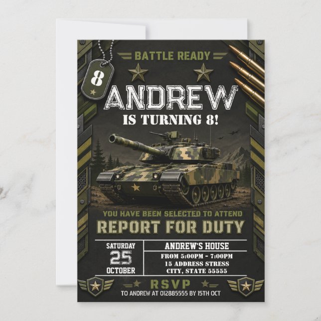 Invitación Cumpleaños del tanque del ejército personal (Anverso)
