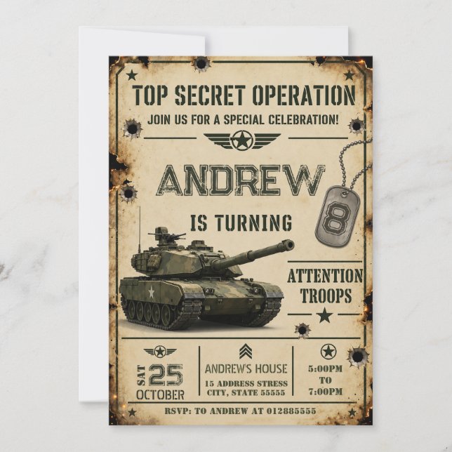Invitación Cumpleaños del Tanque del Ejército Personal (Anverso)