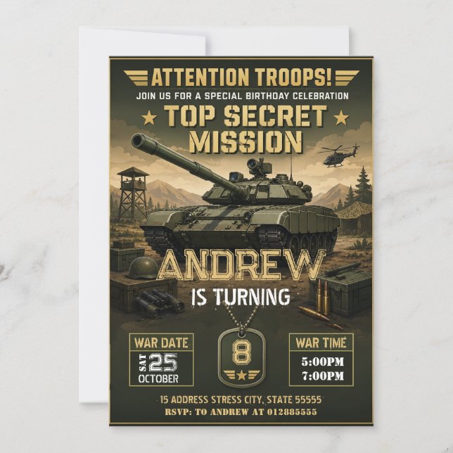 Invitación Cumpleaños del tanque del niño personalizado (Anverso)