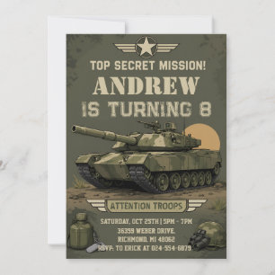 Invitación Cumpleaños del tanque militar del ejército persona