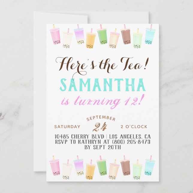 Invitación Cumpleaños del té Boba (Anverso)