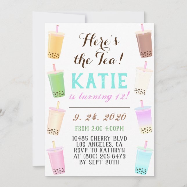 Invitación Cumpleaños del té Boba (Anverso)