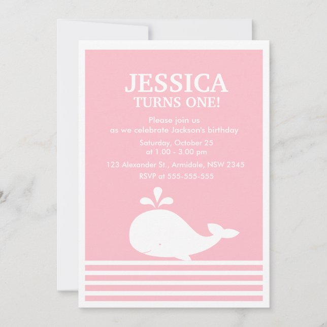 Invitación Cumpleaños del tema de la ballena para la (Anverso)