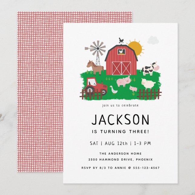 Invitación Cumpleaños del tema de la granja de Barnyard (Anverso / Reverso)