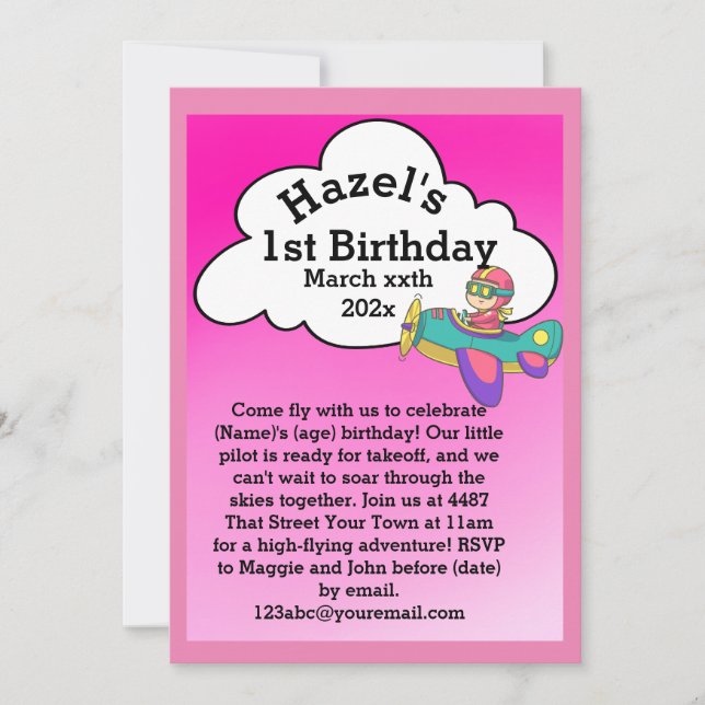 Invitación Cumpleaños del tema del avión (Chica) (Anverso)