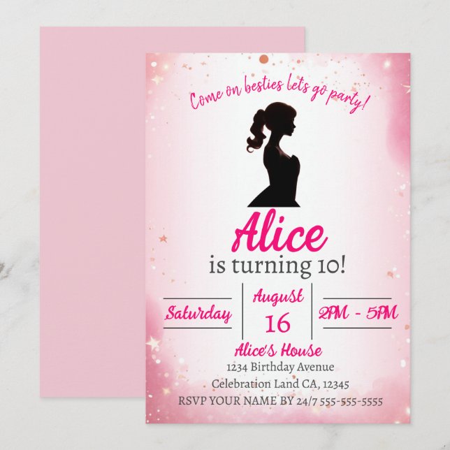 Invitación Cumpleaños del tema Purpurina rosa (Anverso / Reverso)