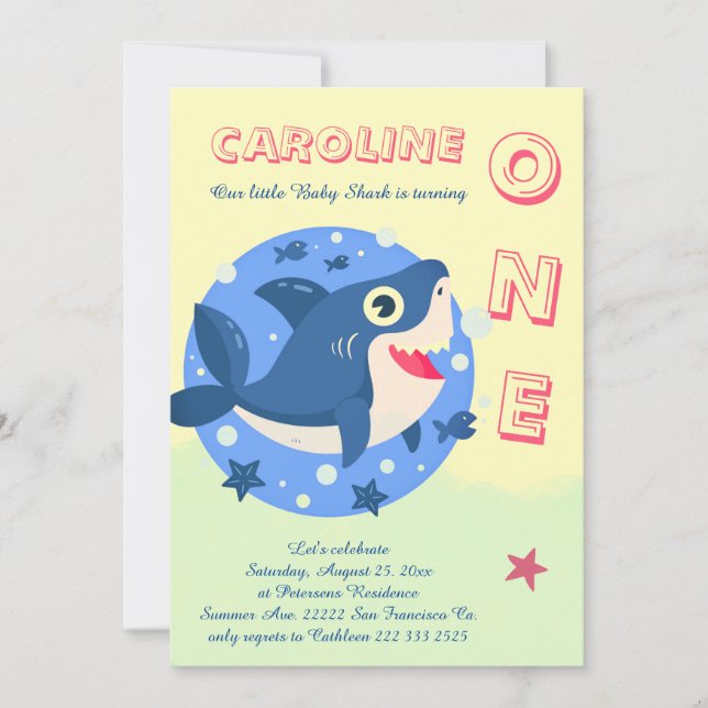 Invitación Cumpleaños del tiburón bebé bajo el mar amarillo (Anverso)