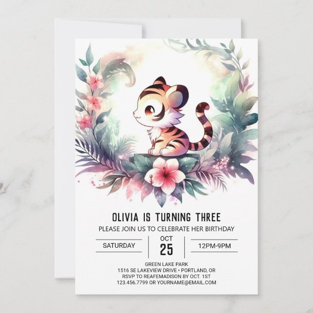 Invitación Cumpleaños del tigre de acuarela Adorable (Anverso)