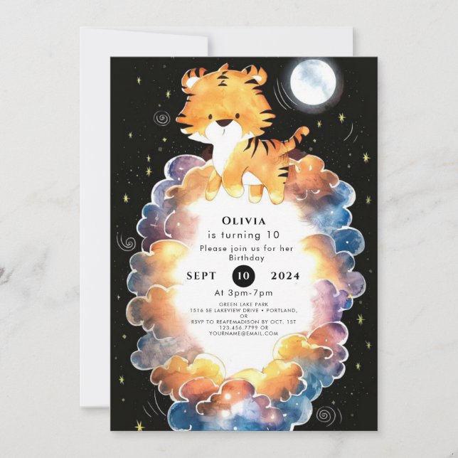 Invitación Cumpleaños del tigre editable y caprichoso (Anverso)