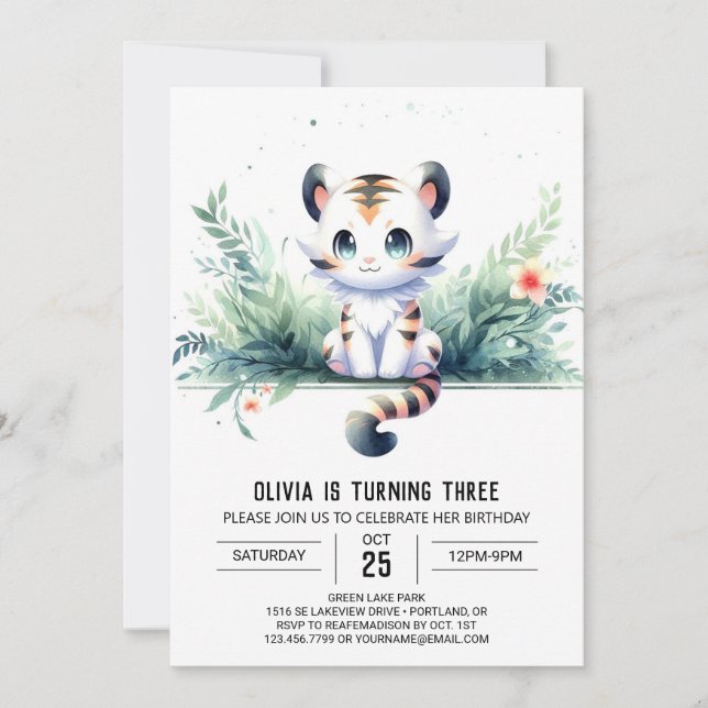 Invitación Cumpleaños del tigre infantil con acuarela (Anverso)