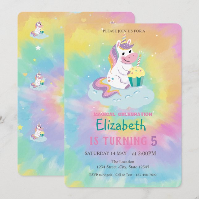Invitación Cumpleaños del tinte del arcoiris de unicornio mág (Anverso / Reverso)