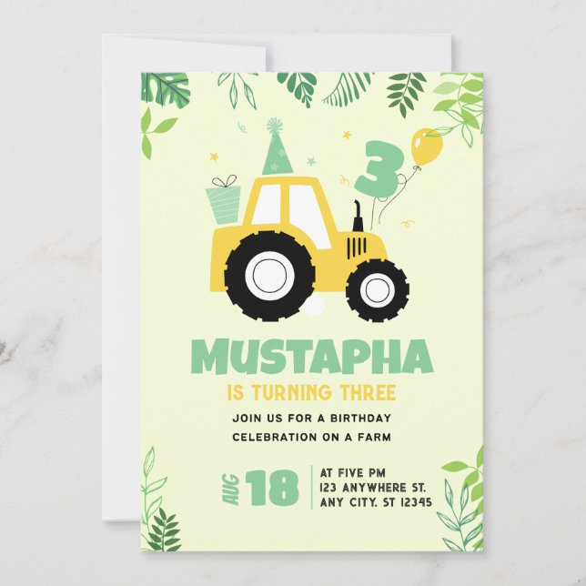 Invitación Cumpleaños del Tractor Tema de Granja Niño Cumplea (Anverso)