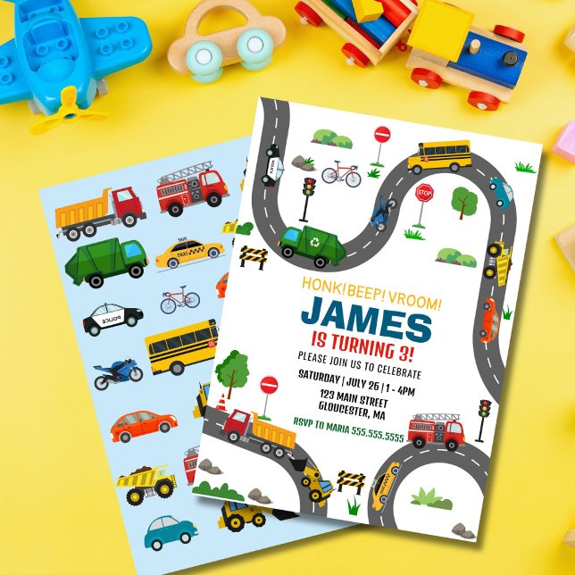 Invitación Cumpleaños del Transporte (Transportation birthday invitation with cars, trucks, buses, and airplanes)