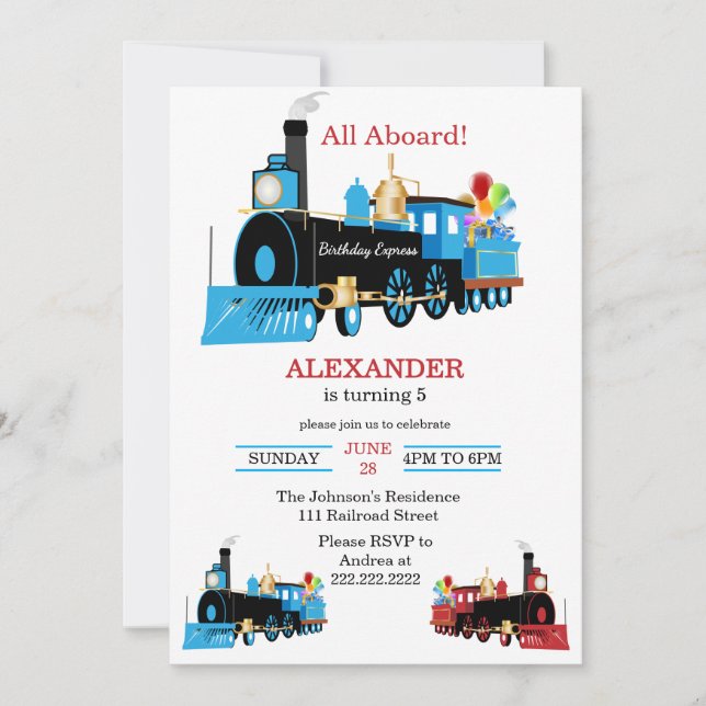 Invitación Cumpleaños del Tren Azul y Rojo All Aboard (Anverso)