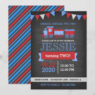Invitación Cumpleaños del tren Rojo y Azul de Chalkboard