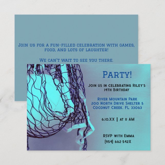 Invitación Cumpleaños del voleibol azul (Anverso / Reverso)